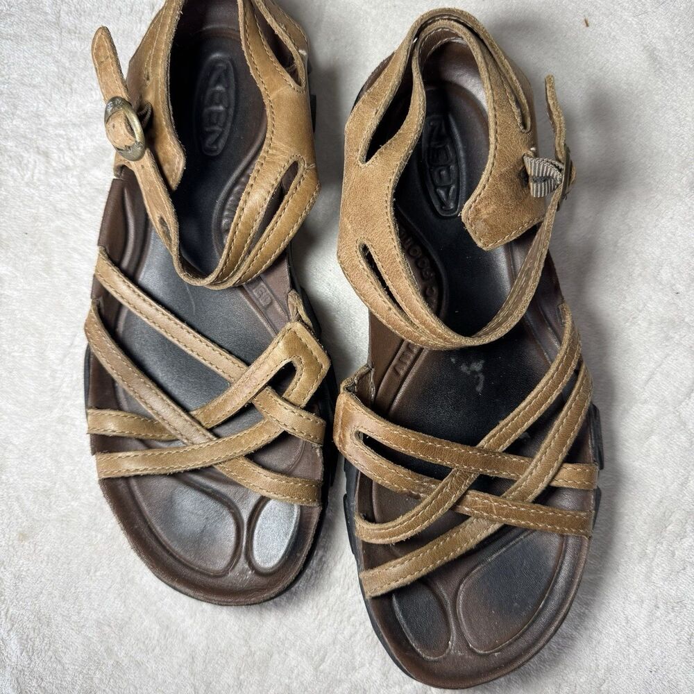 KEEN Women Leather Strappy Sandals Brown/Tan Buckle Adjustable US 8.5 EU 39